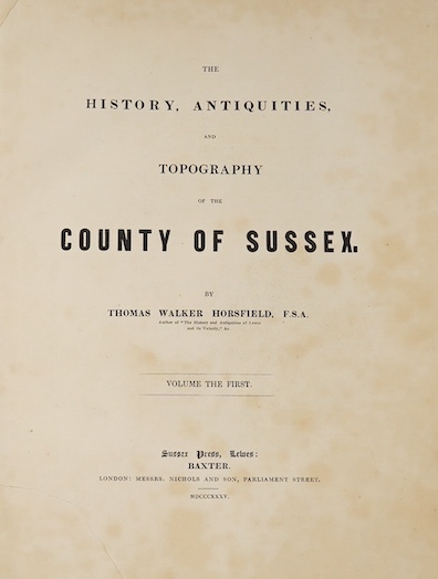 Horsfield, Rev. Thomas Walker – The History, Antiquities and Topography of the County of Sussex, 2 vol., 2 engraved portrait frontispieces, 54 plates, 2 folding maps, original boards with morocco spines, Lewes & London,